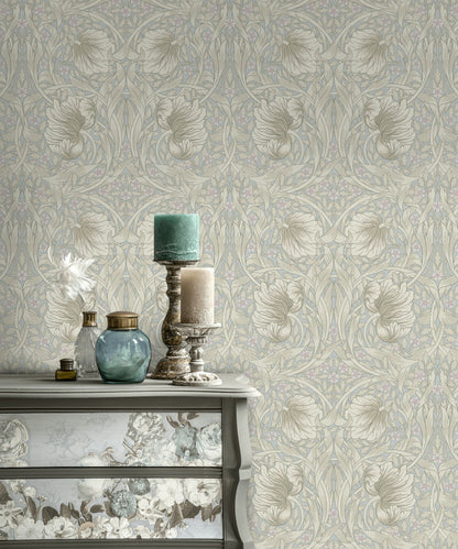 Art Nouveau Çiçekli Duvar Kağıdı Bej Tonlu Salon Deseni