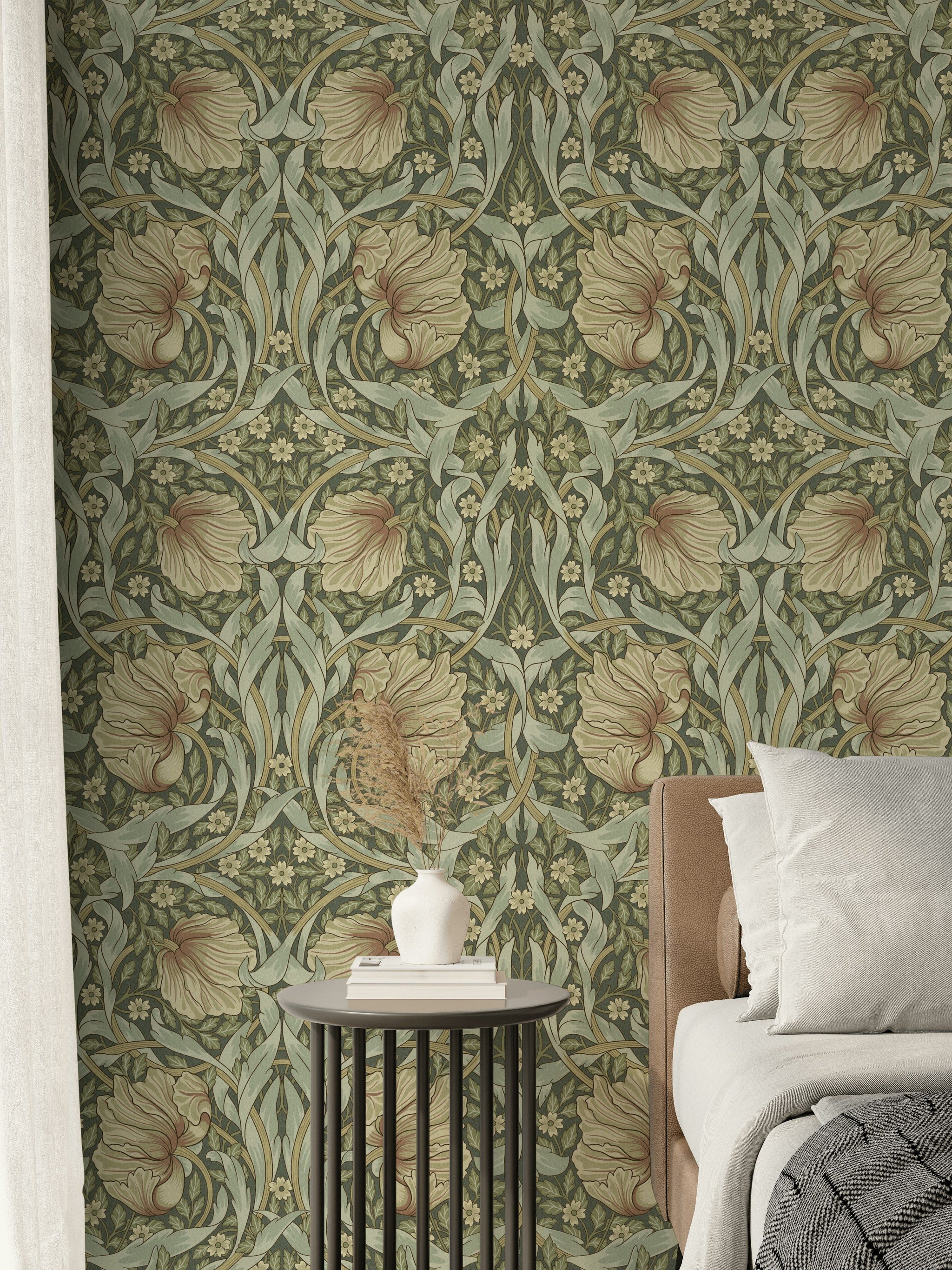 Art Nouveau Çiçek Desenli Duvar Kağıdı Yeşil Vintage Salon