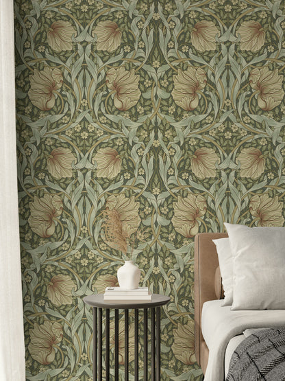 Art Nouveau Çiçek Desenli Duvar Kağıdı Yeşil Vintage Salon