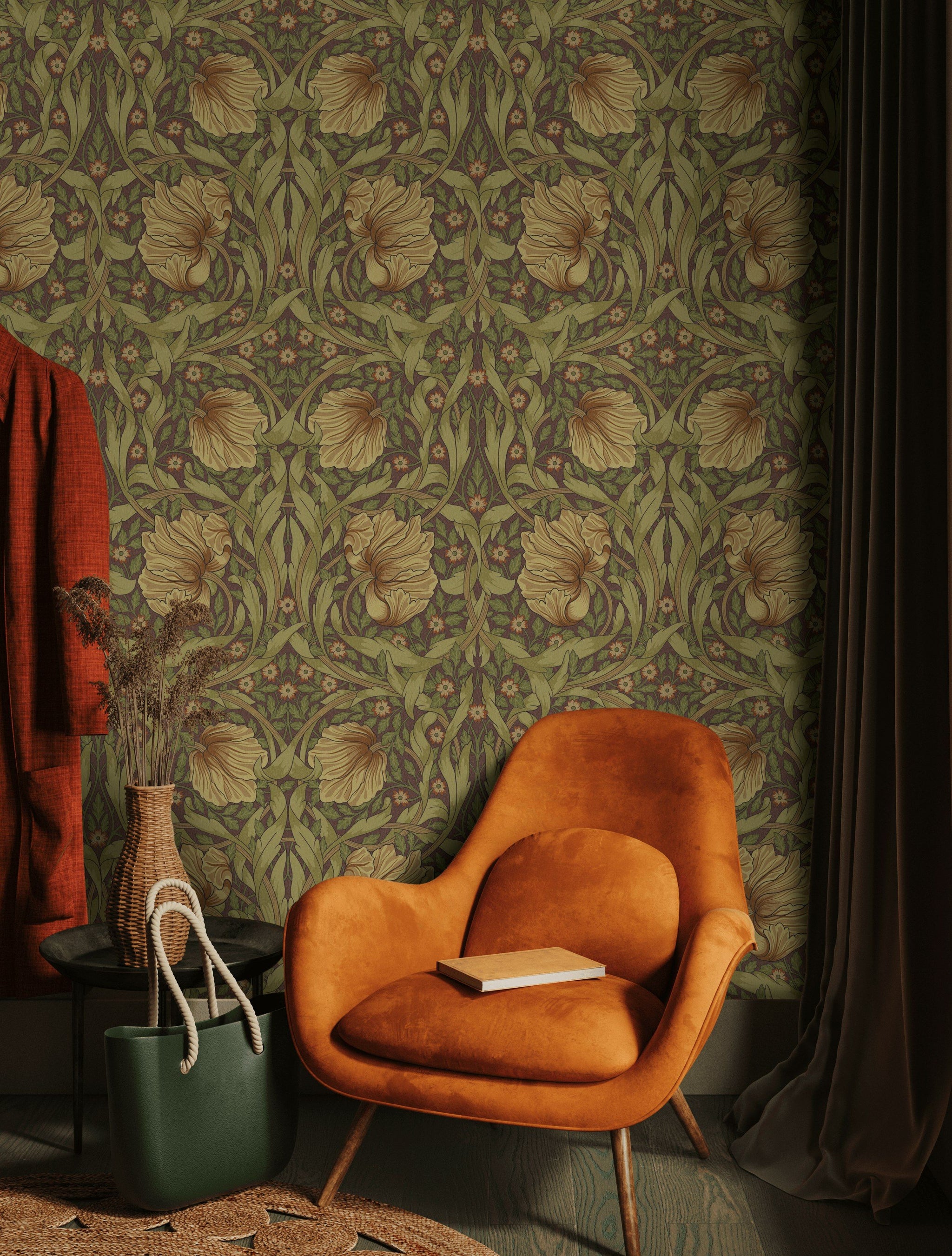Vintage Çiçekli Duvar Kağıdı Zeytin Yeşili Salon Duvar Dekoru