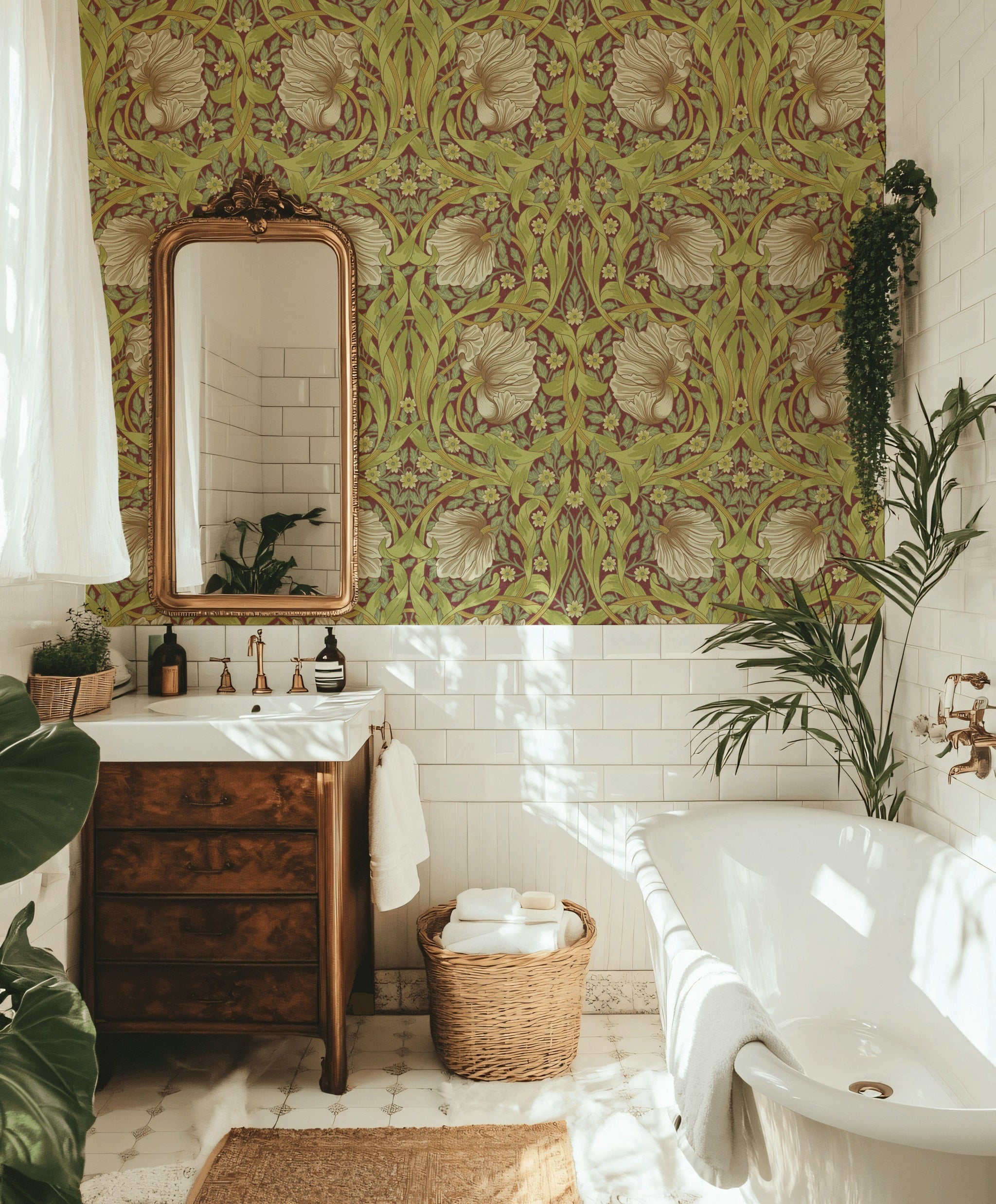Vintage Çiçekli Duvar Kağıdı Yeşil Kahverengi Klasik Salon