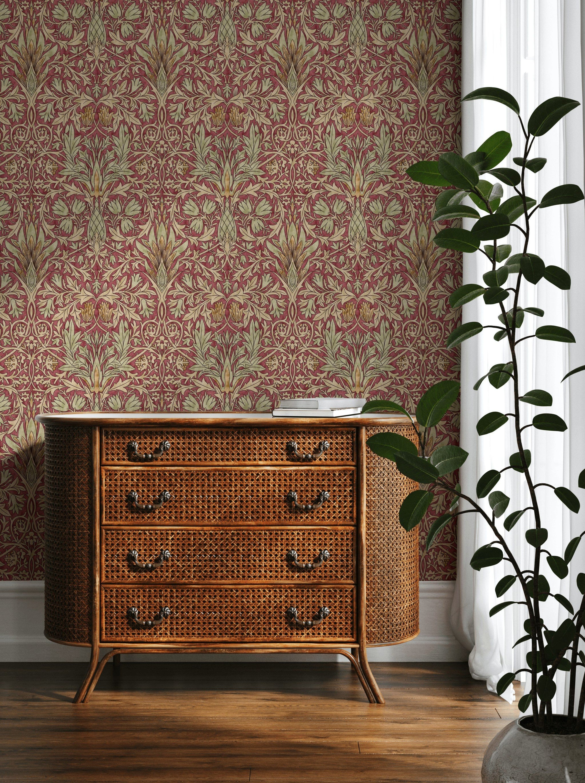 Klasik Çiçekli Duvar Kağıdı Bordo Yeşil Vintage Salon
