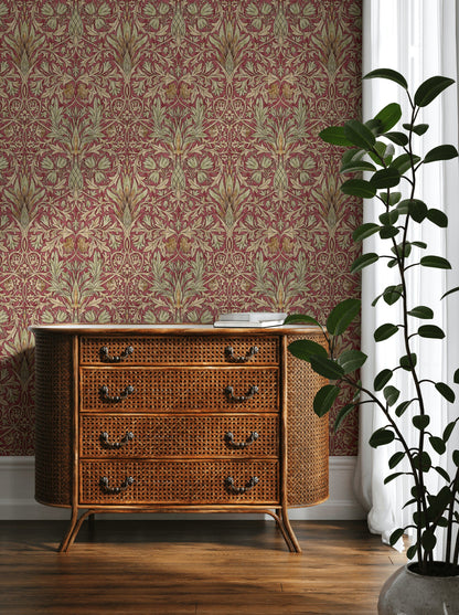 Klasik Çiçekli Duvar Kağıdı Bordo Yeşil Vintage Salon