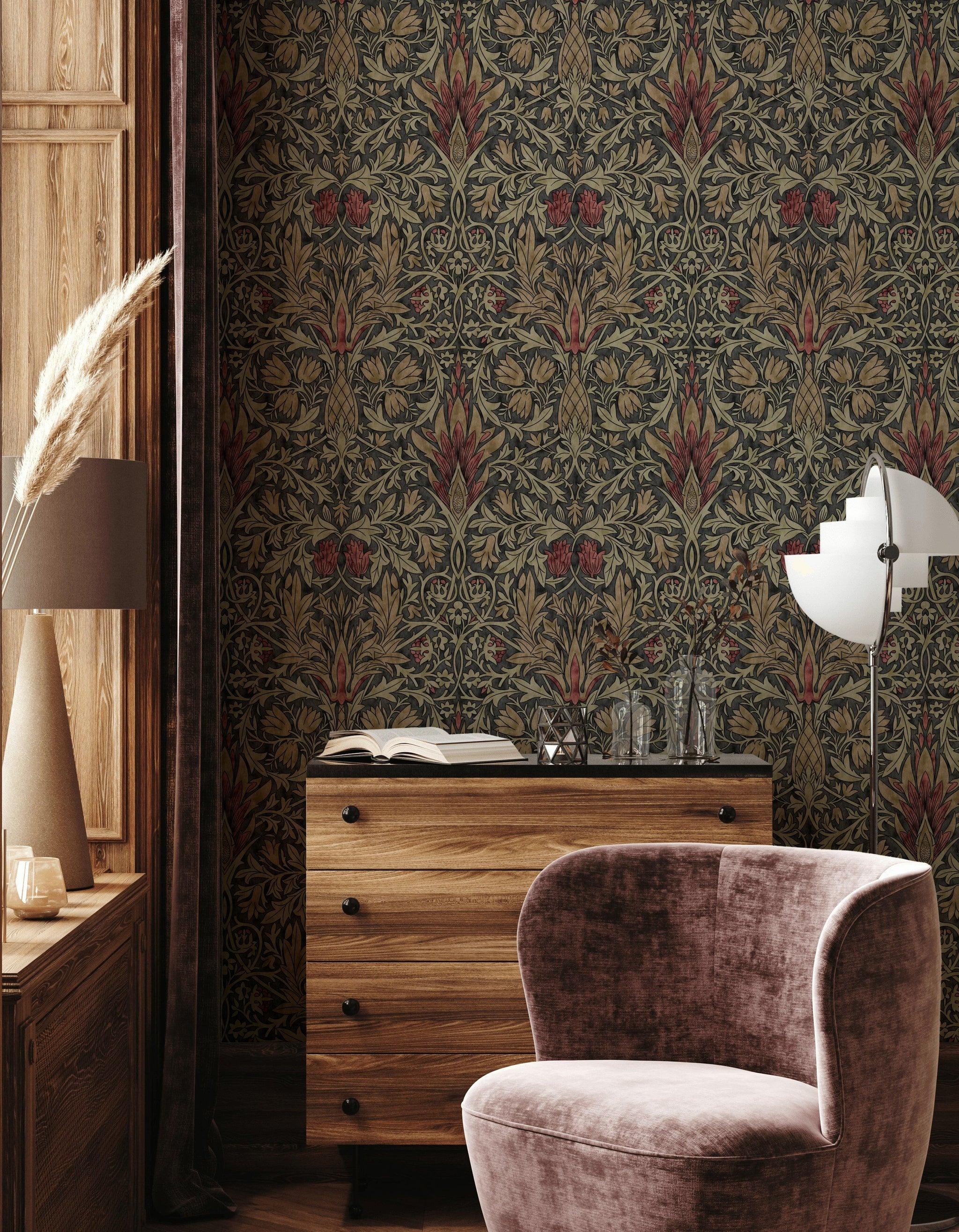 Vintage Çiçek Desenli Duvar Kağıdı Koyu Yeşil Salon Dekoru