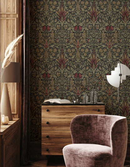 Vintage Çiçek Desenli Duvar Kağıdı Koyu Yeşil Salon Dekoru
