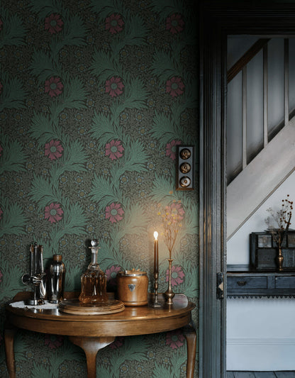 Vintage Çiçekli Duvar Kağıdı Yeşil Zeminli Salon Duvar Dekoru
