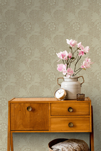 Klasik Çiçekli Duvar Kağıdı Bej Tonlarda Vintage Salon Deseni