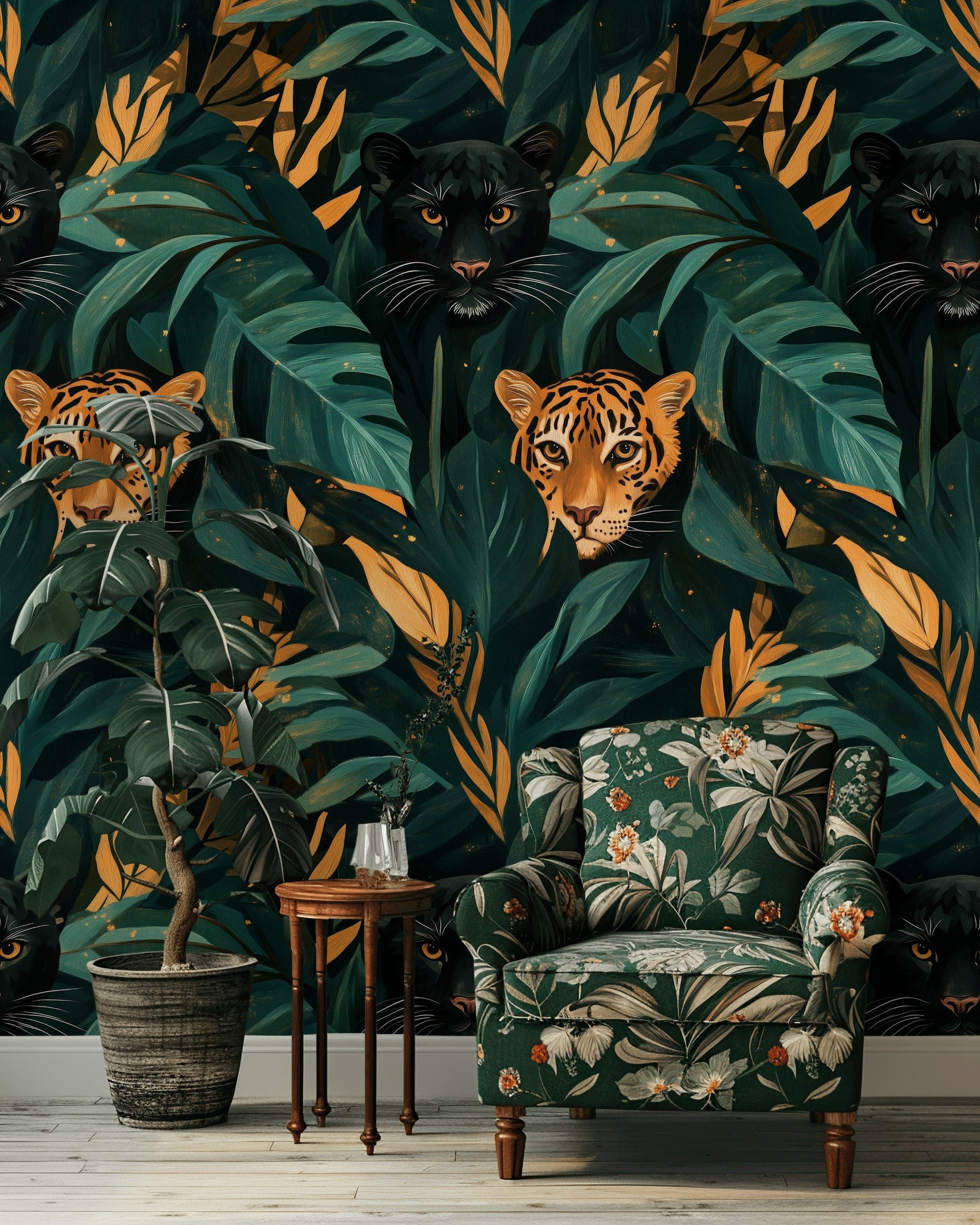 Jungle Leoparlı Duvar Kağıdı Yeşil Yaprak Desenli Salon