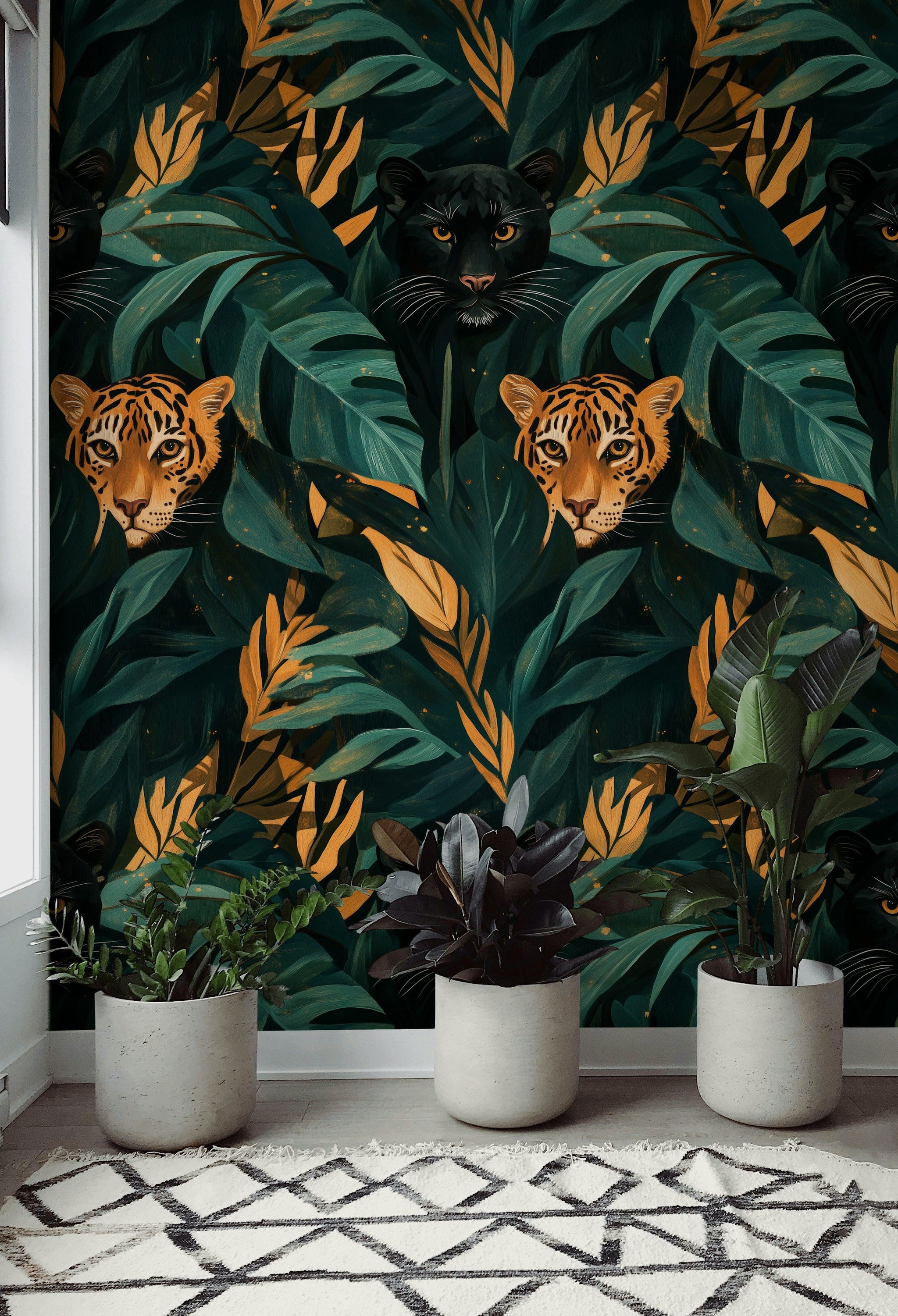 Jungle Leoparlı Duvar Kağıdı Yeşil Yaprak Desenli Salon