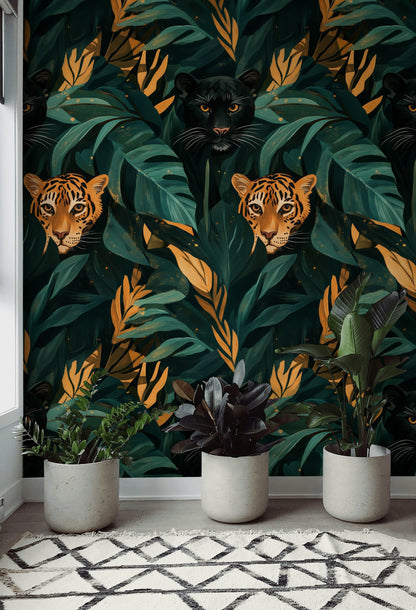 Jungle Leoparlı Duvar Kağıdı Yeşil Yaprak Desenli Salon