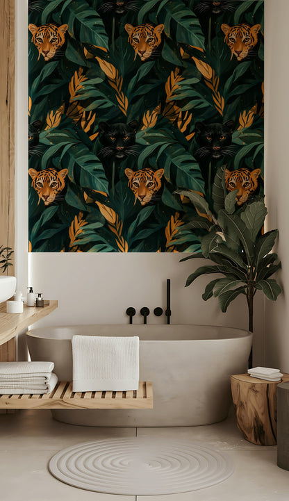 Jungle Leoparlı Duvar Kağıdı Yeşil Yaprak Desenli Salon