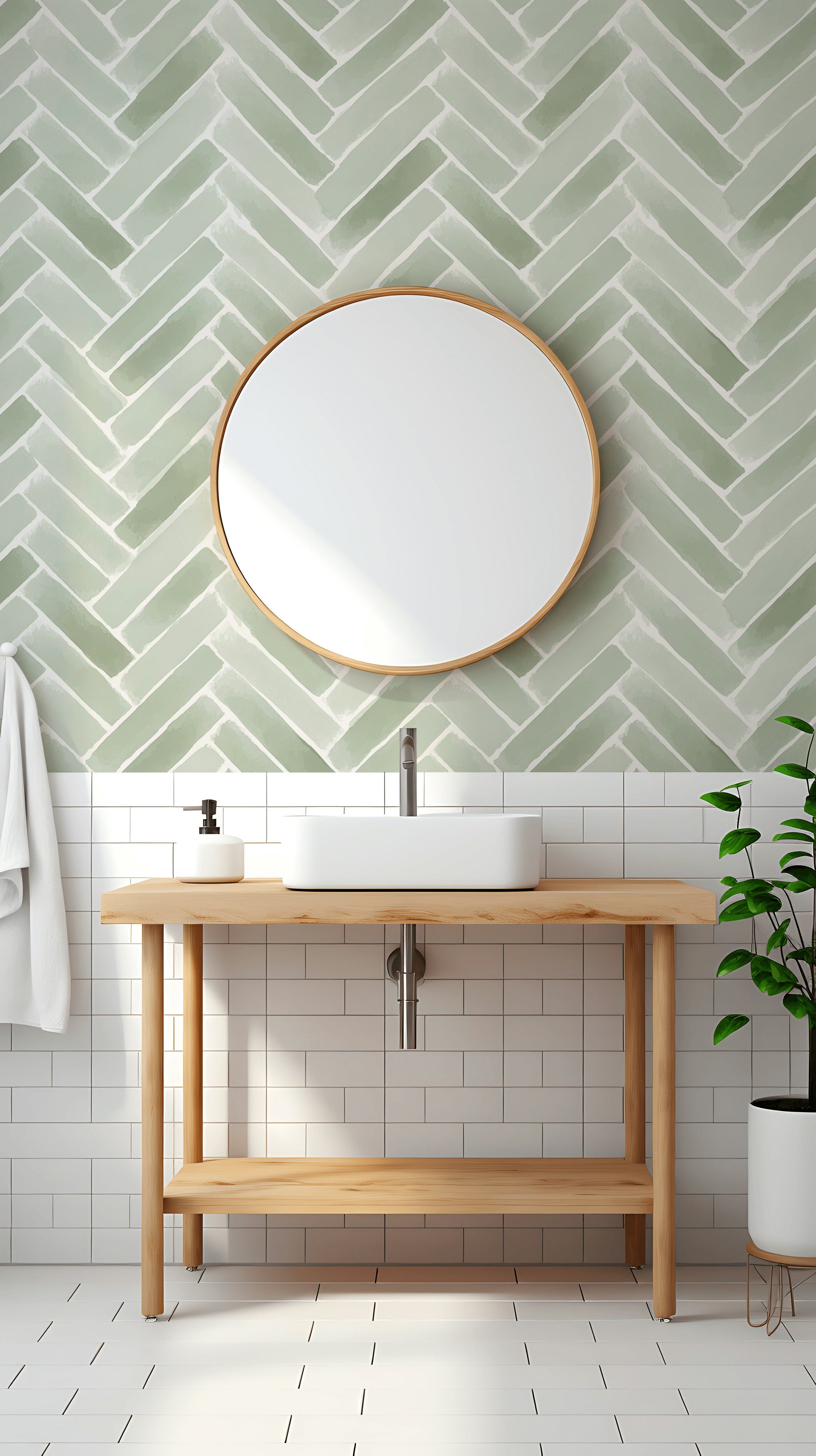 Yeşil Balıksırtı Tuğla Desenli Duvar Kağıdı Modern Banyo