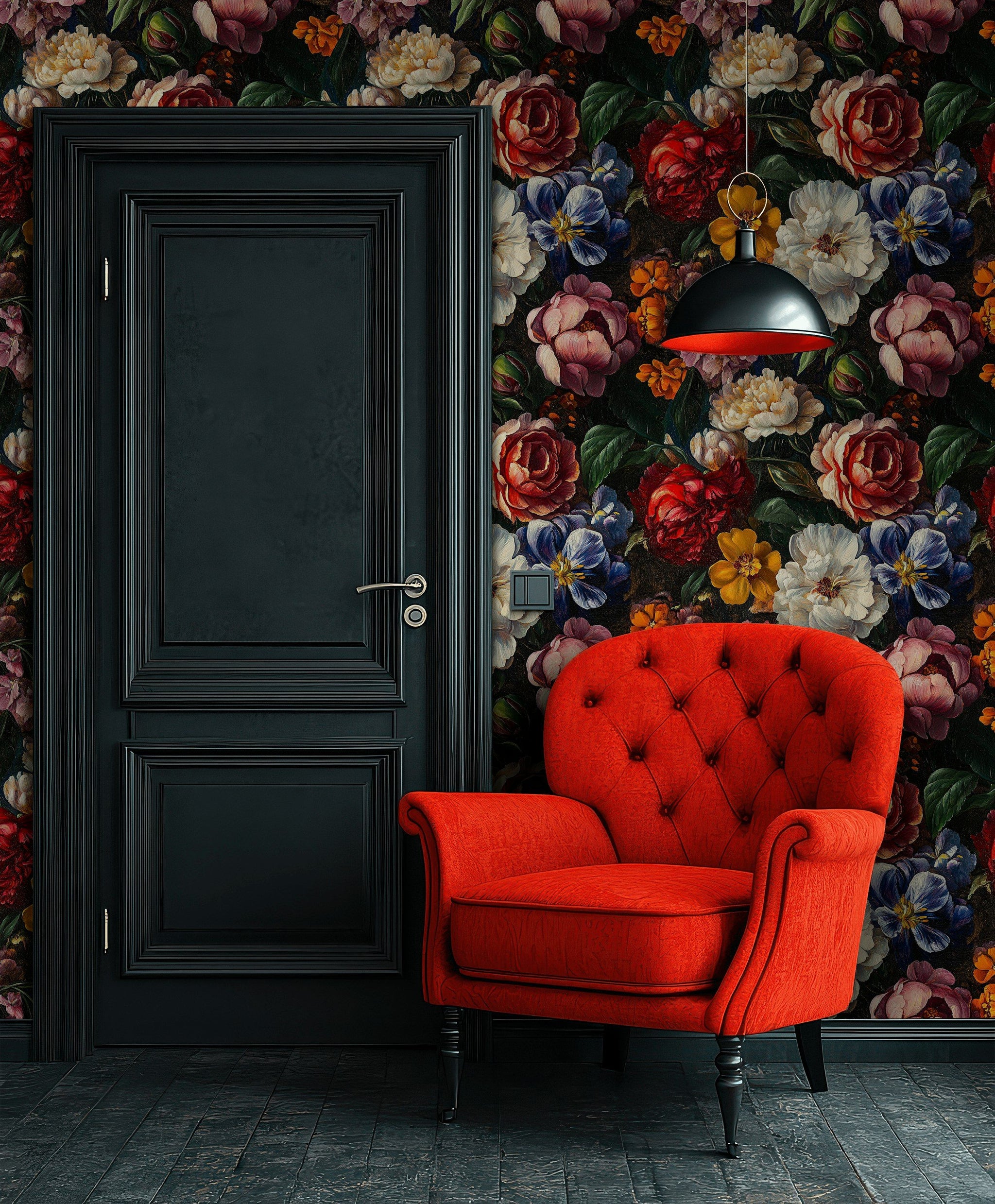 Karanlık Zeminli Vintage Çiçekli Duvar Kağıdı Salon