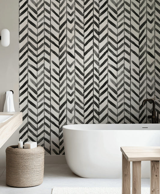 Siyah Beyaz Balıksırtı Desenli Duvar Kağıdı Modern Banyo