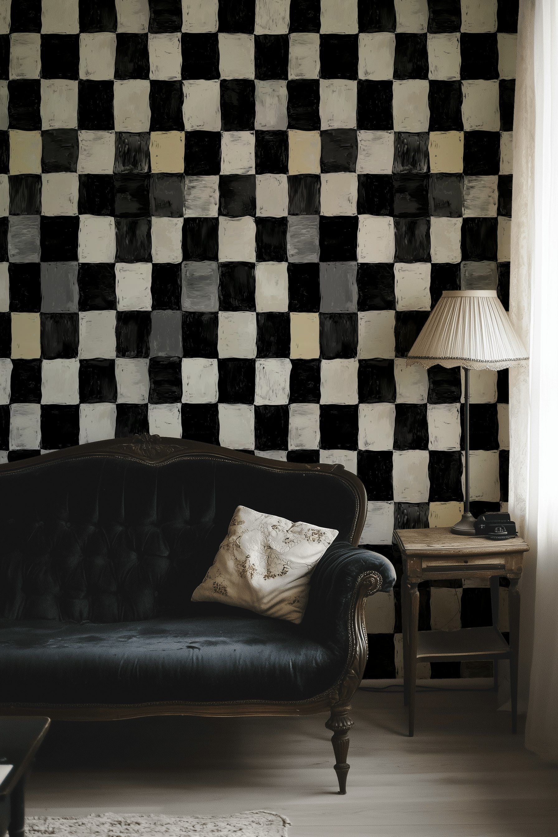 Damali Kareli Duvar Kağıdı Siyah Beyaz Salon Deseni