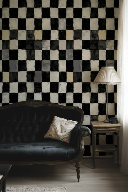 Damali Kareli Duvar Kağıdı Siyah Beyaz Salon Deseni