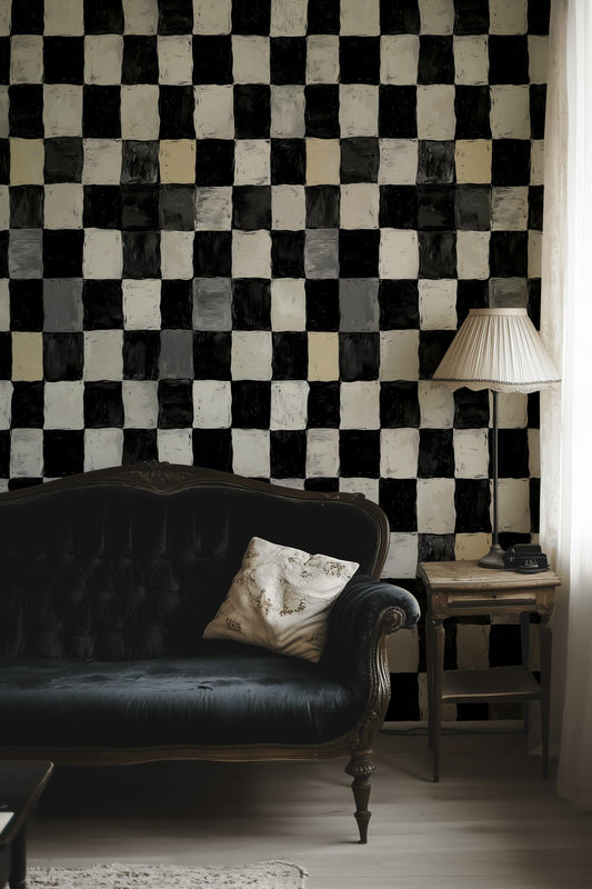 Damali Kareli Duvar Kağıdı Siyah Beyaz Salon Deseni