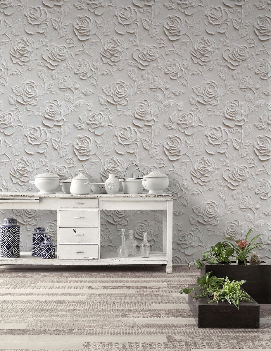 Kabartmalı Gül Desenli Duvar Kağıdı Krem Yatak Odası