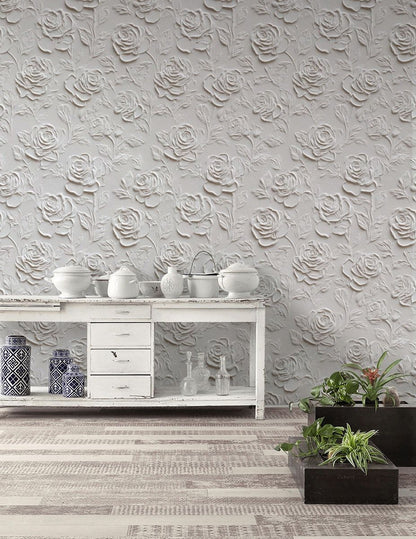 Kabartmalı Gül Desenli Duvar Kağıdı Krem Yatak Odası