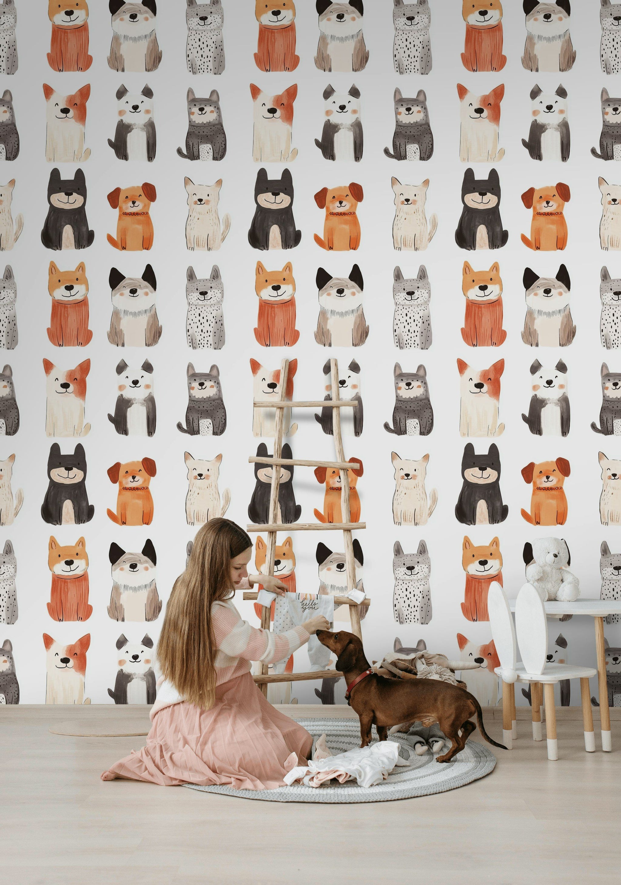 Sevimli Köpek Desenli Duvar Kağıdı Çocuk Odası Bej