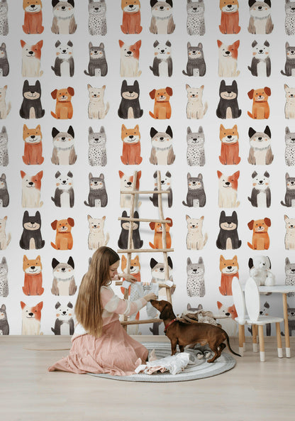 Sevimli Köpek Desenli Duvar Kağıdı Çocuk Odası Bej