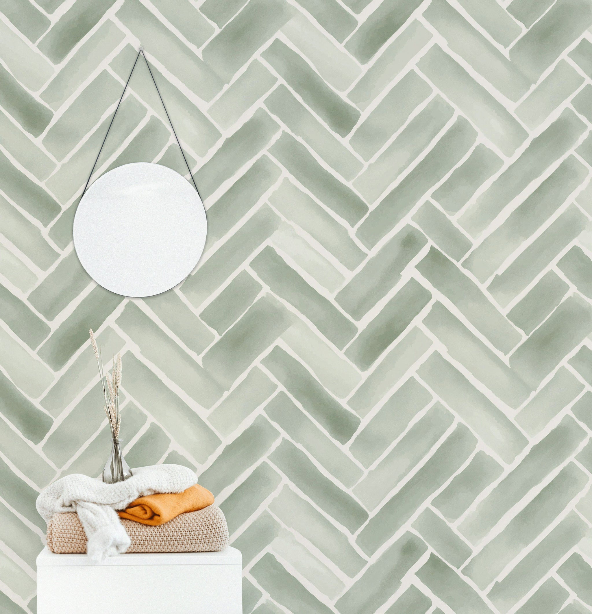 Balıksırtı Tuğla Desenli Duvar Kağıdı Açık Yeşil Modern Salon