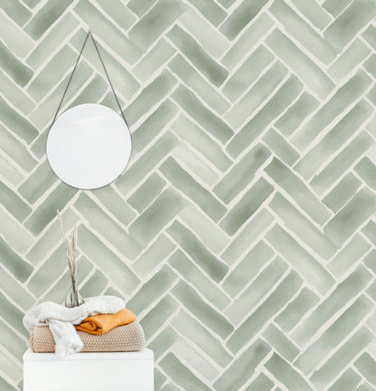 Balıksırtı Tuğla Desenli Duvar Kağıdı Açık Yeşil Modern Salon