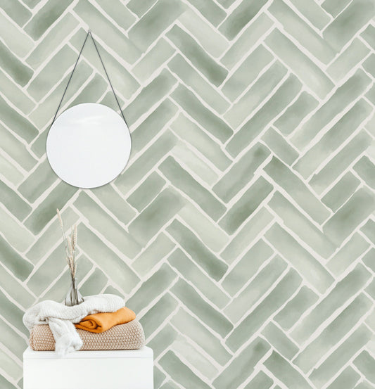 Balıksırtı Tuğla Desenli Duvar Kağıdı Açık Yeşil Modern Salon