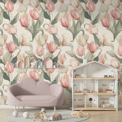 Lale Desenli Duvar Kağıdı Pastel Pembe Yeşil Salon