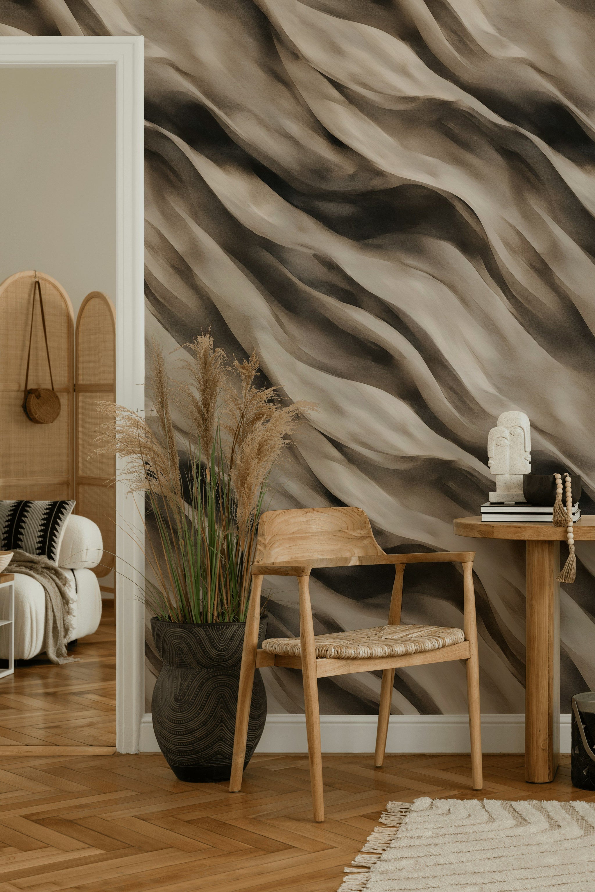 Soyut Dalga Desenli Duvar Kağıdı Bej Kahve Salon