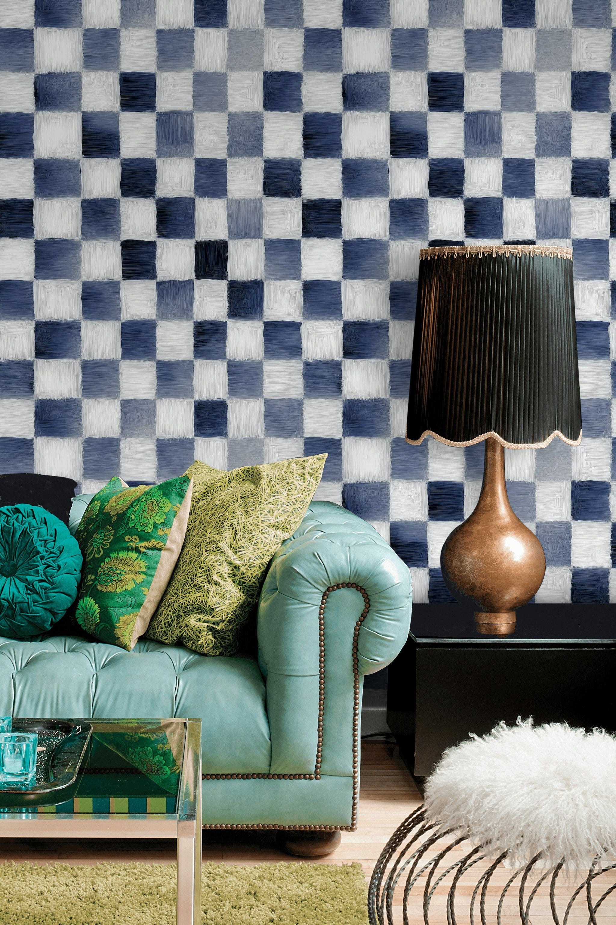 Mavi Kareli Duvar Kağıdı Modern Geometrik Salon Dekoru