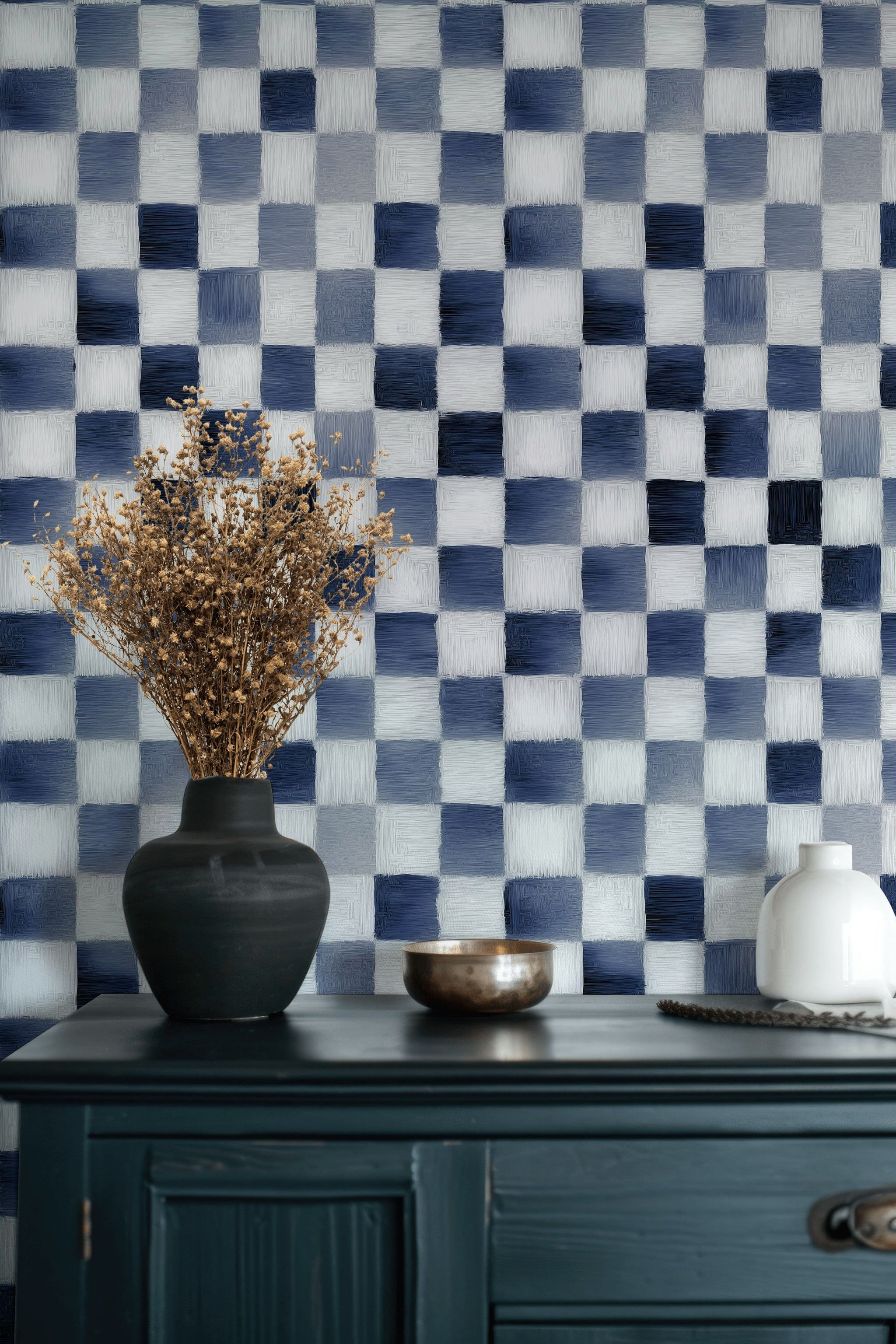 Mavi Kareli Duvar Kağıdı Modern Geometrik Salon Dekoru
