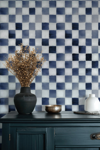 Mavi Kareli Duvar Kağıdı Modern Geometrik Salon Dekoru