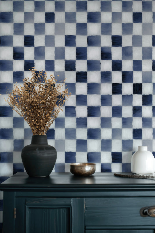 Mavi Kareli Duvar Kağıdı Modern Geometrik Salon Dekoru
