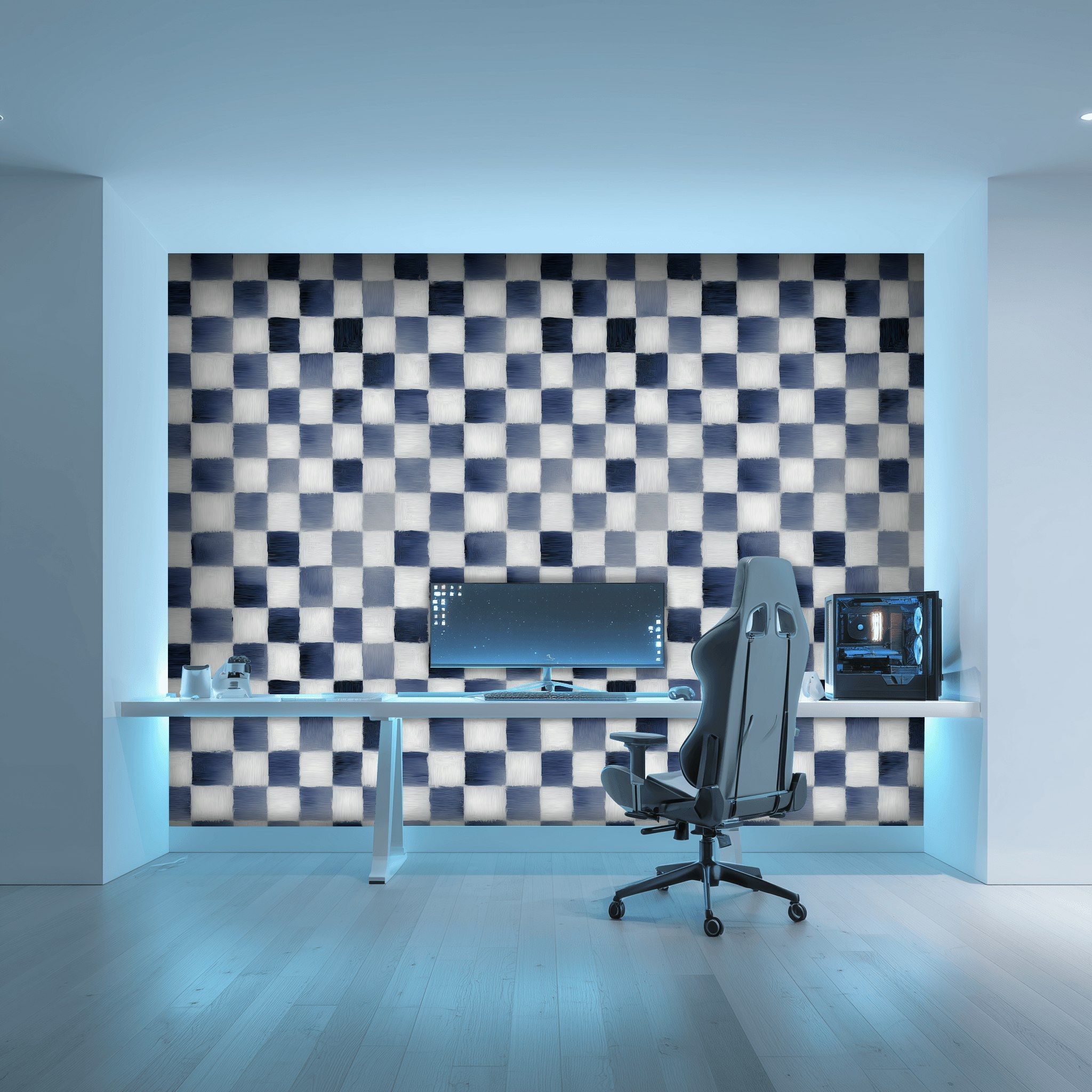 Mavi Kareli Duvar Kağıdı Modern Geometrik Salon Dekoru