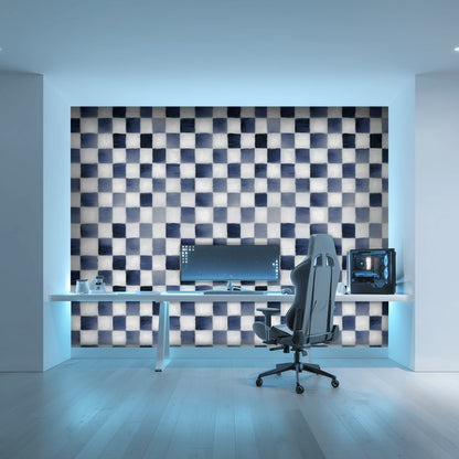 Mavi Kareli Duvar Kağıdı Modern Geometrik Salon Dekoru