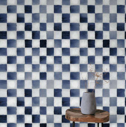 Mavi Kareli Duvar Kağıdı Modern Geometrik Salon Dekoru