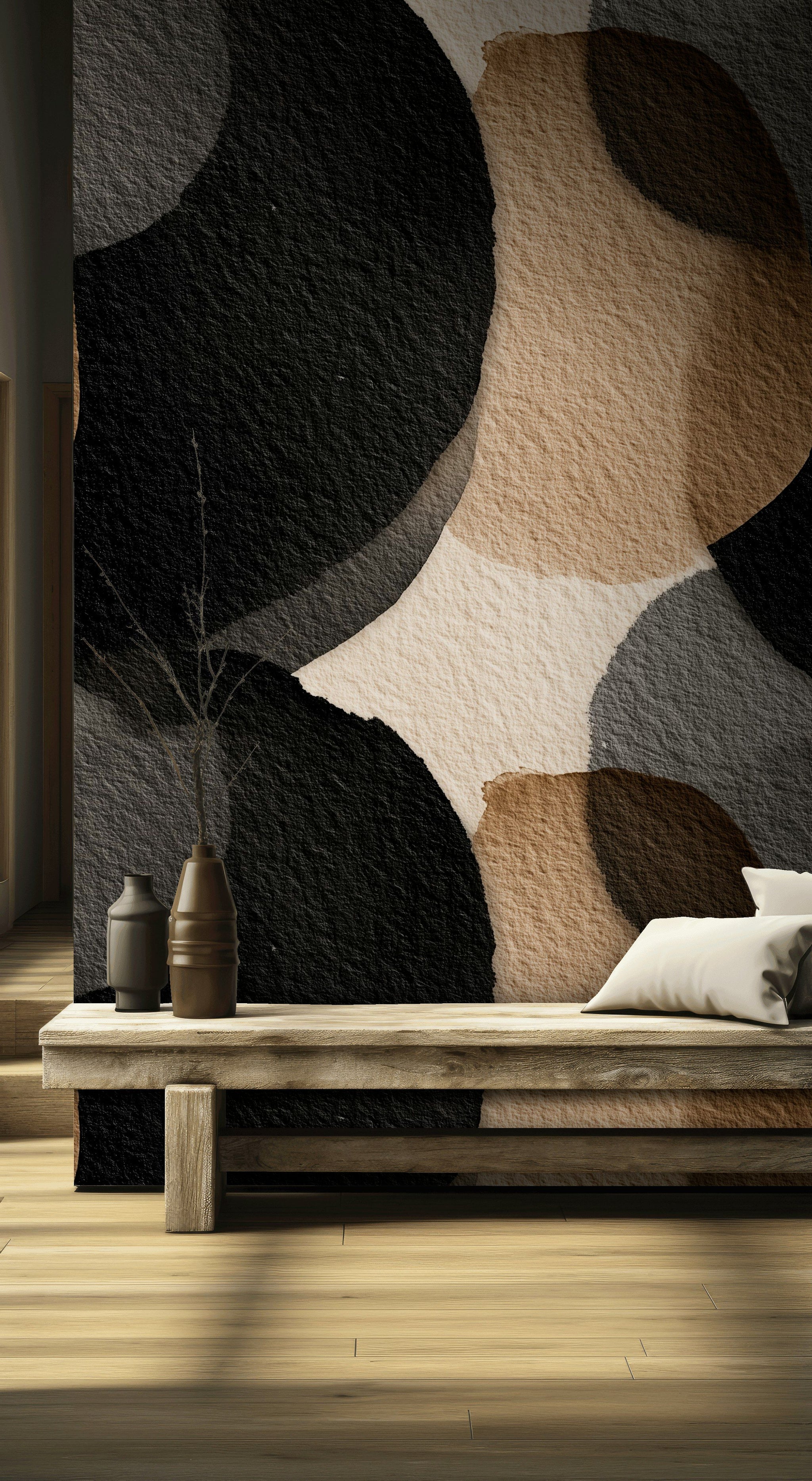 Soyut Geometrik Duvar Kağıdı Bej Siyah Modern Salon
