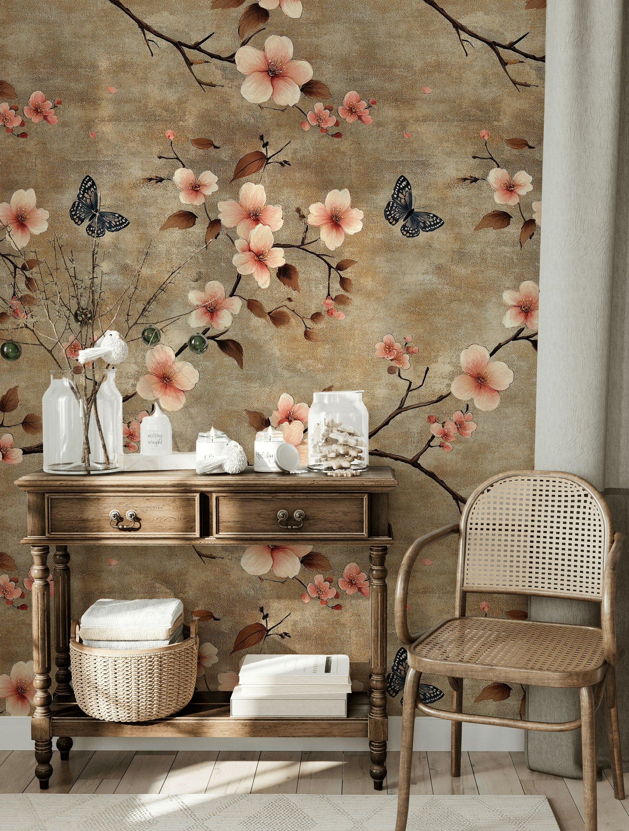 Kelebekli Çiçekli Duvar Kağıdı Bej Zemin Salon Dekoru