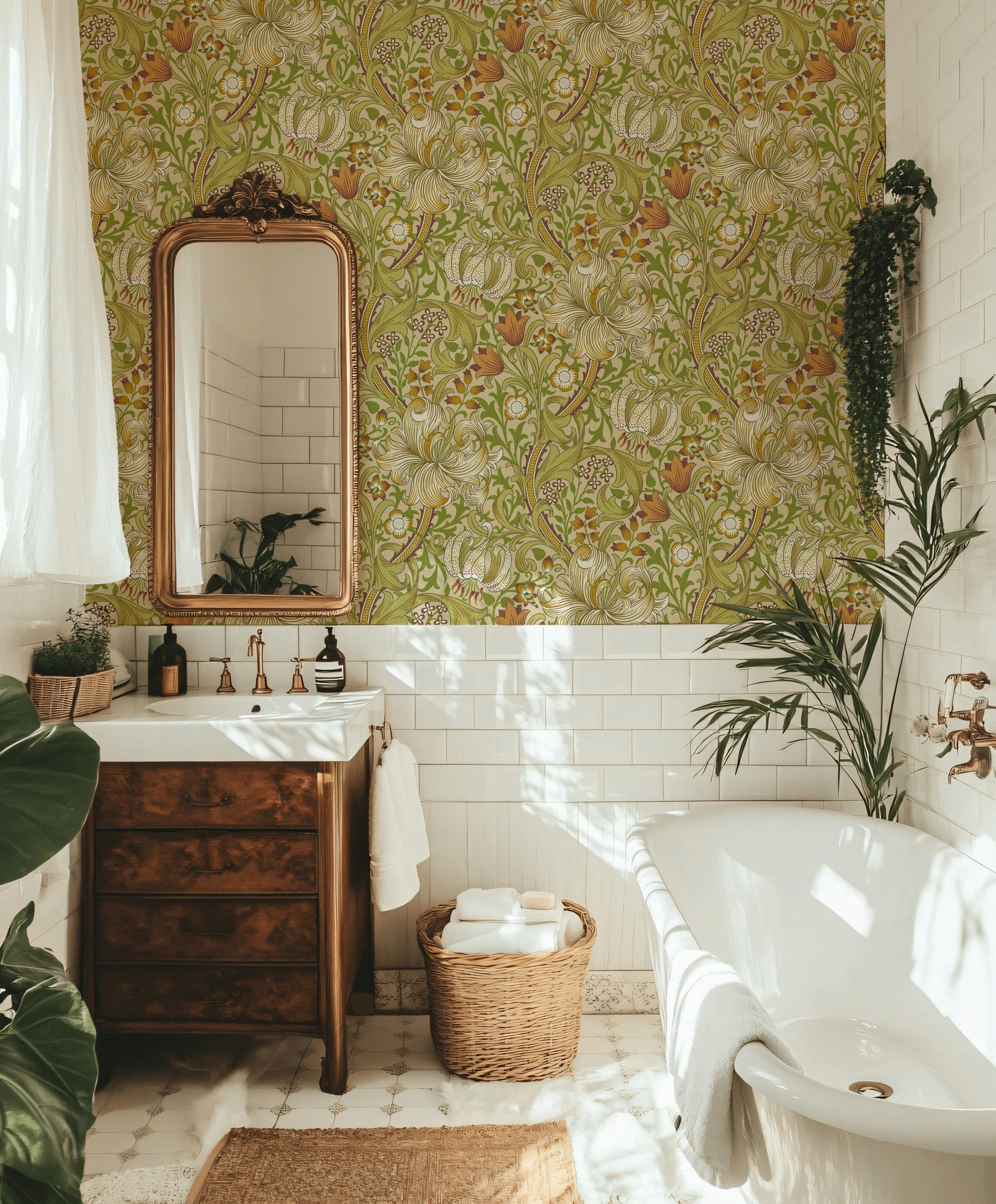 Vintage Zambak Desenli Duvar Kağıdı Yeşil Çiçekli Banyo