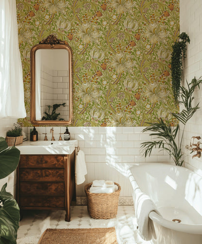 Vintage Zambak Desenli Duvar Kağıdı Yeşil Çiçekli Banyo