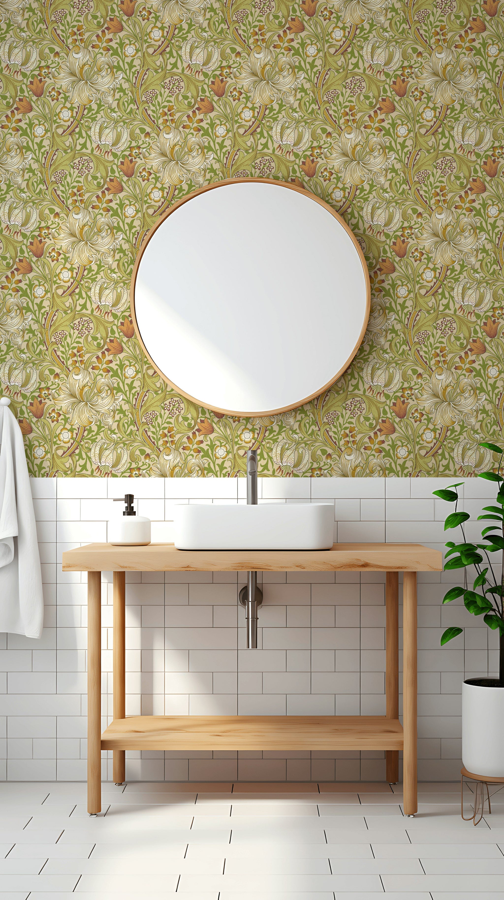 Vintage Zambak Desenli Duvar Kağıdı Yeşil Çiçekli Banyo
