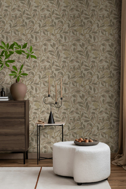 Botanik Yapraklı Duvar Kağıdı Bej Tonlarda Salon Deseni