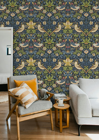 Kuş ve Çiçek Desenli Duvar Kağıdı Lacivert Vintage Salon