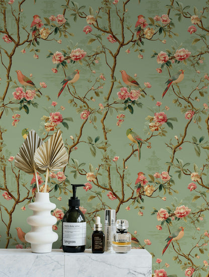 Çiçekli Kuşlu Duvar Kağıdı Yeşil Chinoiserie Desen