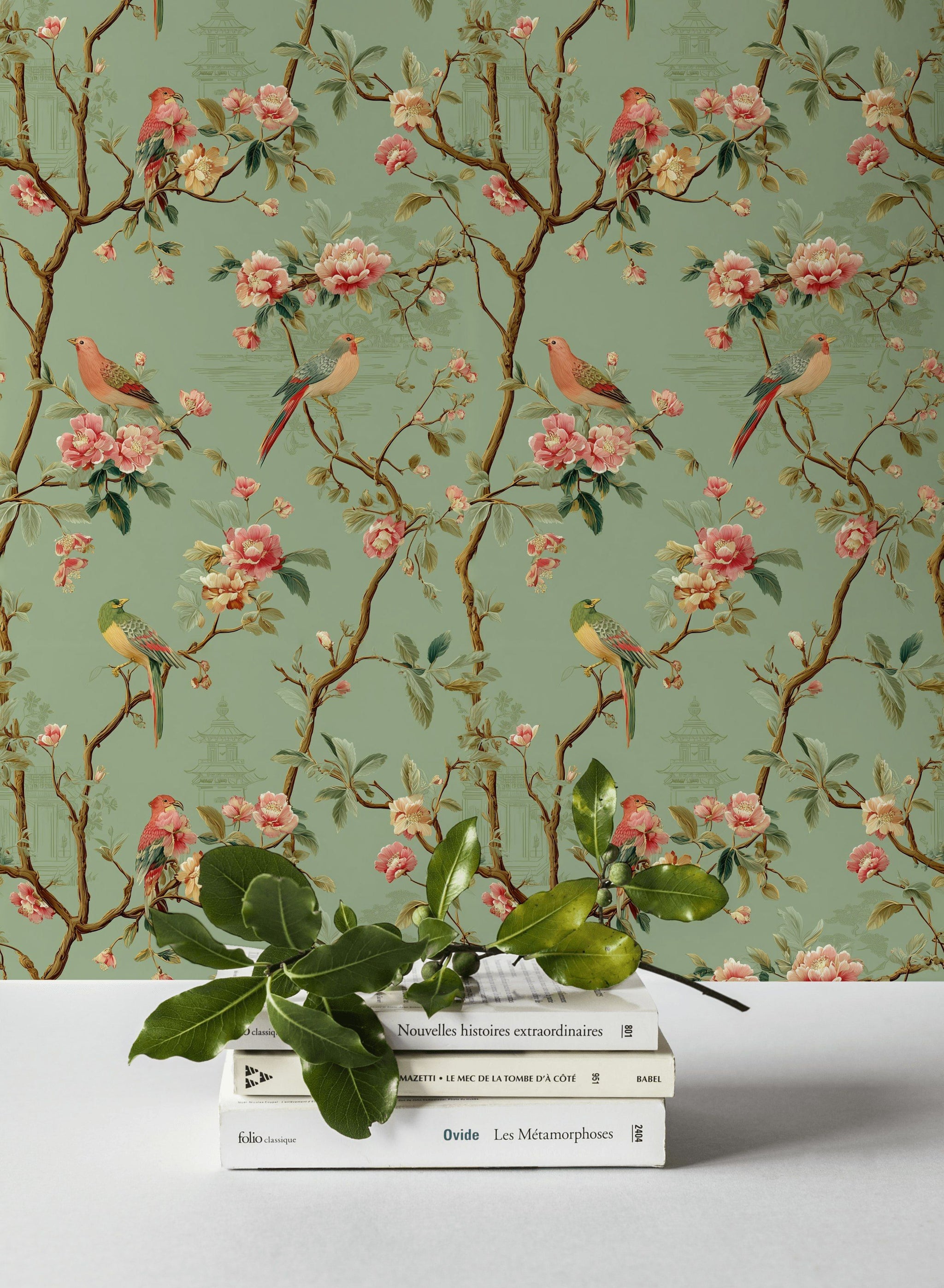 Çiçekli Kuşlu Duvar Kağıdı Yeşil Chinoiserie Desen