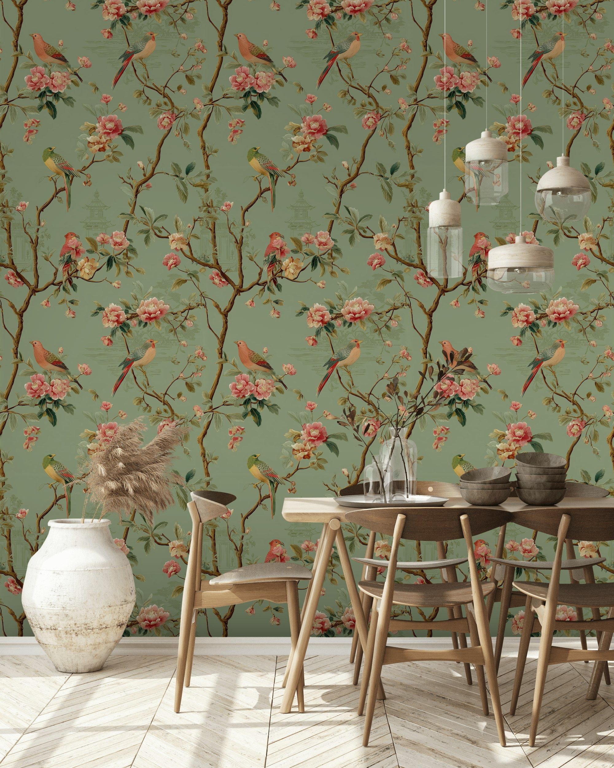 Çiçekli Kuşlu Duvar Kağıdı Yeşil Chinoiserie Desen