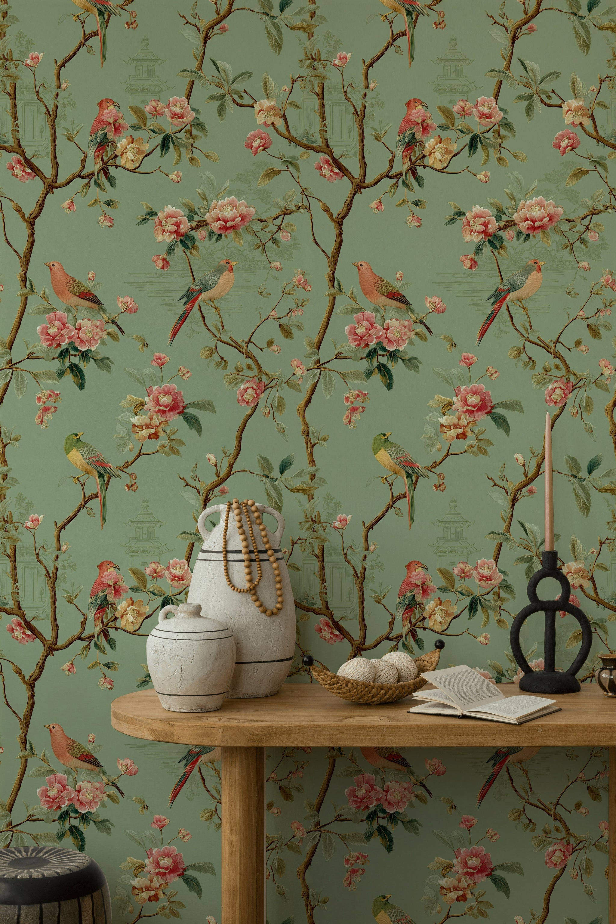 Çiçekli Kuşlu Duvar Kağıdı Yeşil Chinoiserie Desen