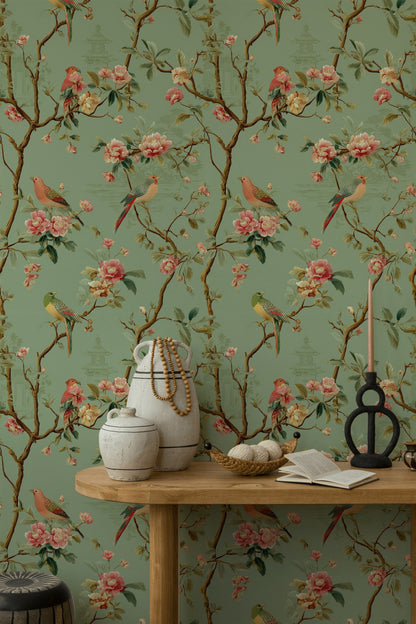 Çiçekli Kuşlu Duvar Kağıdı Yeşil Chinoiserie Desen