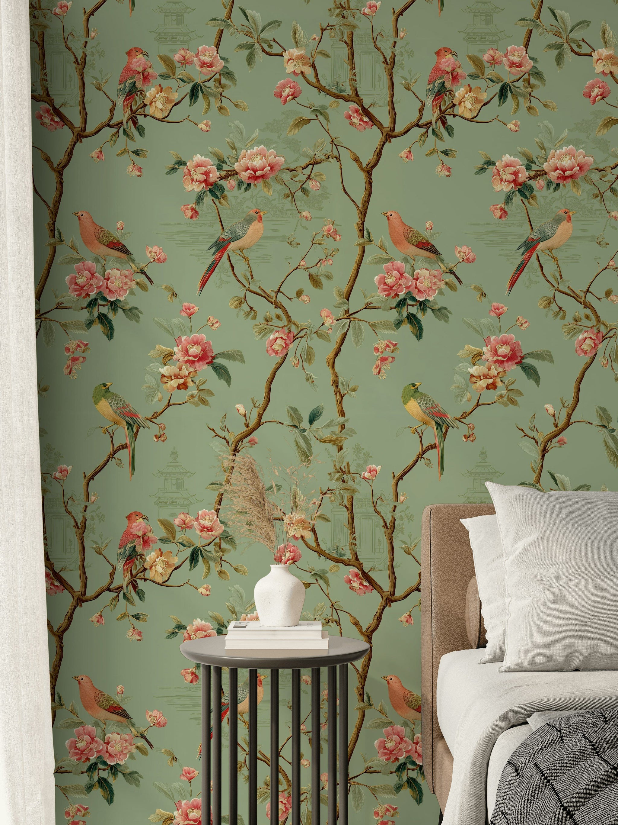 Çiçekli Kuşlu Duvar Kağıdı Yeşil Chinoiserie Desen